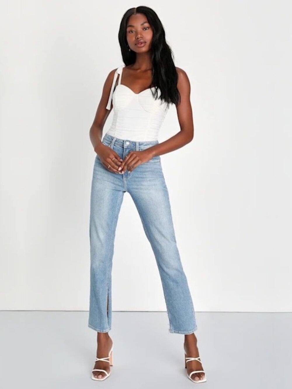 2/$30 Lulus Win Your Attention Ivory Ruched Tie-Strap Bodysuit White XS #A2611